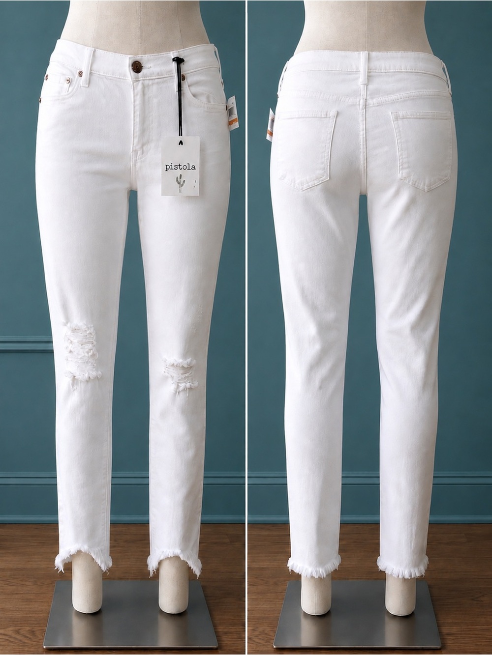 pistola—Sz. 29, Mid Rise, Distressed Skinny Jeans, Raw Hem, Color “White Water”